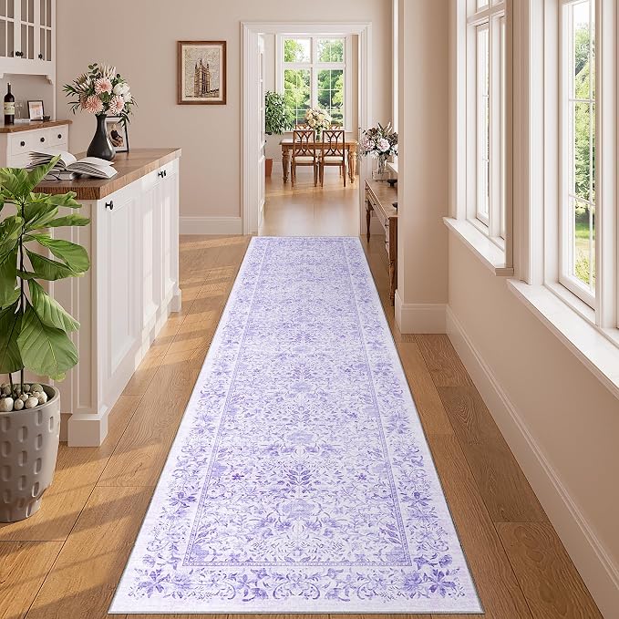 DUKINO 2x8 Runner Rug, Washable Vintage Floral Kitchen Rug, Purple | Non Slip, Low Pile, Non-Shedding, Stain Resistant Aesthetic Soft Carpet Runner for Hallway Bathroom Laundry Bedroom Entryway