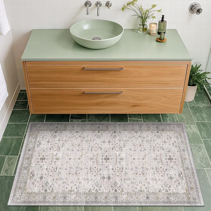 Washable 2x3 Throw Rugs for Entryway, Front Door Mat, Low Pile Non-Slip Small Area Rugs for Kitchen, Bathroom, Powder Room, Mudroom, Neutral Light Gray & Sage with Floral Accent