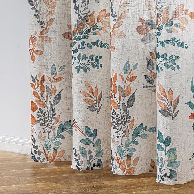 MYSKY HOME Floral Linen Curtains 45 inch Length 2 Panels Set Leaf Patterned Semi Sheer Light Filtering Privacy Farmhouse Grommet Drapes for Bedroom Small Window, 52" Wide Each Panel, Burnt Orange