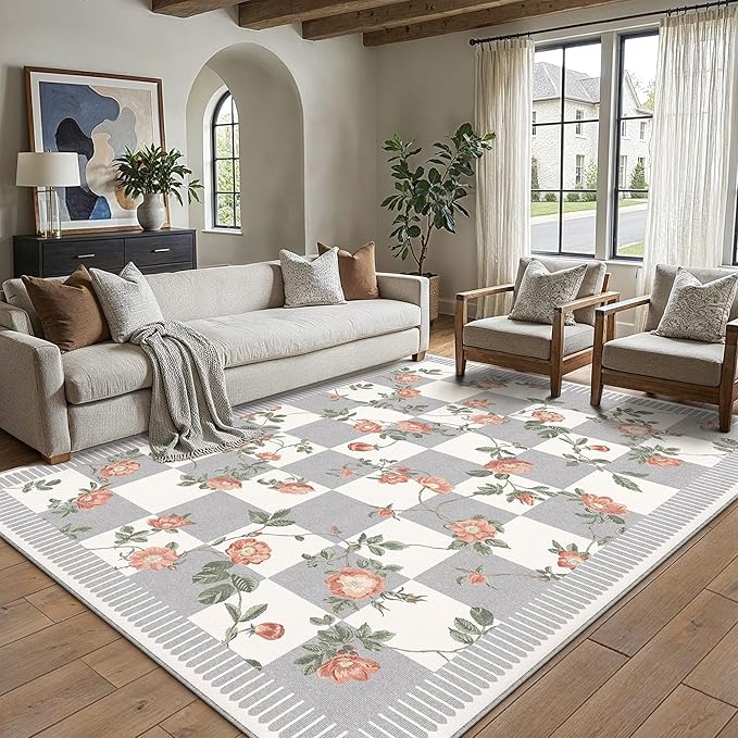 HUGEAR 5x7 Checkered Area Rugs Machine Washable Grey Living Room Rug Floral Print Non-Slip Stain Resistant Low Pile Indoor Throw Carpet for Bedroom Home Unique Aesthetic Modern Decor