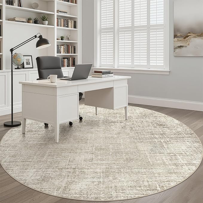 7ft Round Rug Living Room: 7x7 Washable Large Neutral Brown Circle Area Rug Abstract Soft Modern Stain Resistant Indoor Floor Non-Slip Carpet for Bedroom Nursery Kids Office Playroom Dining Room