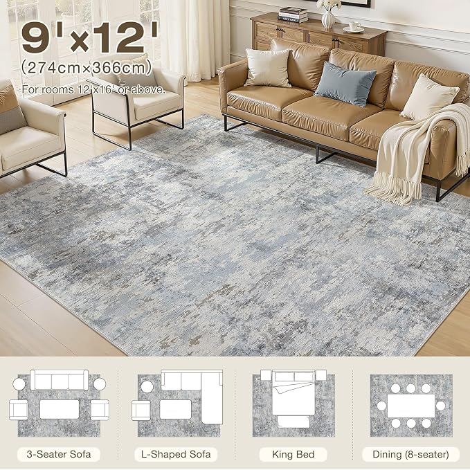 9x12 Area Rugs for Living Room, Washable Non Slip Bedroom Carpet | Neutral Modern Abstract Large Area Rug, Soft Low Pile Lightweight Made for Dining Room, Nursery, Home Office - Blue Gray