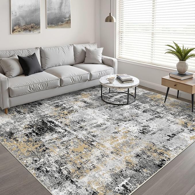 10x14 Area Rugs Living Room: Washable Large Abstract Neutral Modern Soft Rug Stain Resistant Indoor Floor Non-Slip Accent Carpet for Bedroom Nursery Playroom Dining Room Office Dorm Home- Black Gold
