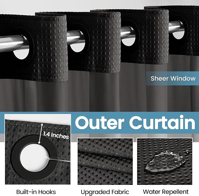 EUTXL Heavyweight Black Stall Shower Curtain with Liner - 256GSM Waffle Textured Heavy Duty Shower Curtains for Bathroom,54W x 80H