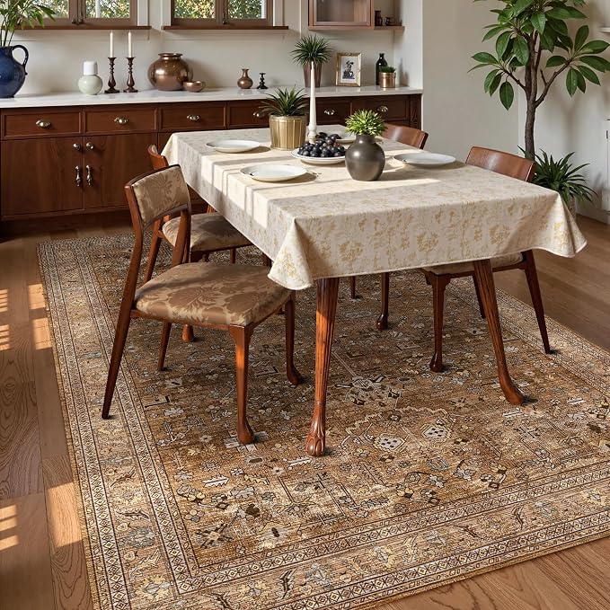 Washable Area Rug 3' x 5 ' Vintage Traditional Persian Mat - Foldable Distressed Non-Slip Machine Washable Carpet for Living Room Bedroom Kitchen Home Decor - Bronze and Ivory