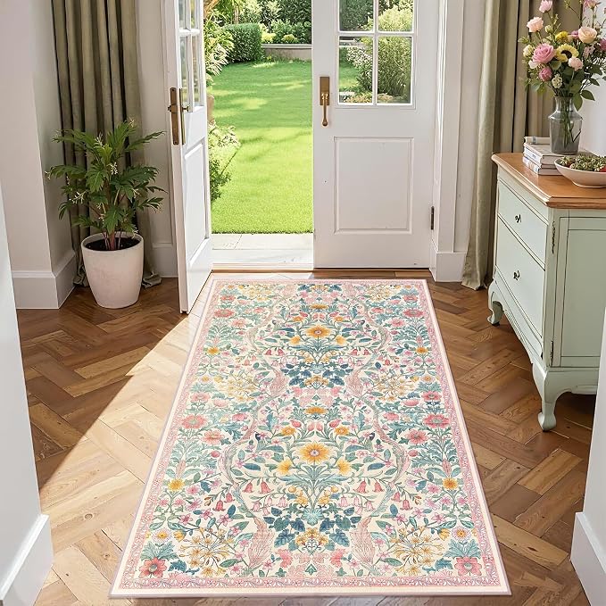 3x5 Light Pink Boho Floral Washable Rug,Soft Lightweight Low Pile Non-Shedding Carpet,Machine Washable Stain Resistant & Non-Slip for Entryway,Girls Bedroom,Kids Room,Living Room