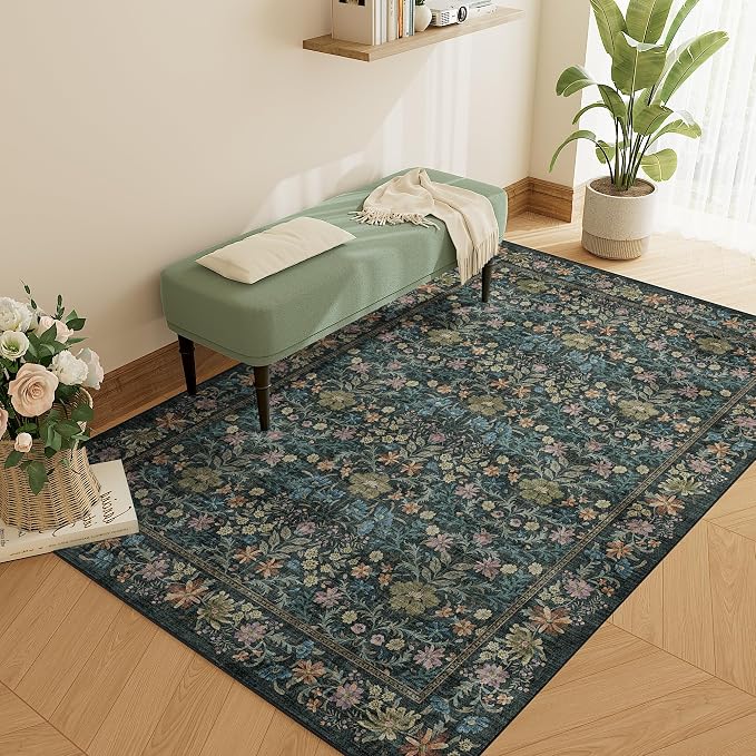 DUKINO 3x5 Rug, Washable Vintage Floral Bedroom Area Rug Non Slip, Blue | Low Pile, Non-Shedding, Aesthetic Lightweight Soft Indoor Small Carpet for Bathroom Entryway Living Room Office Farmhouse
