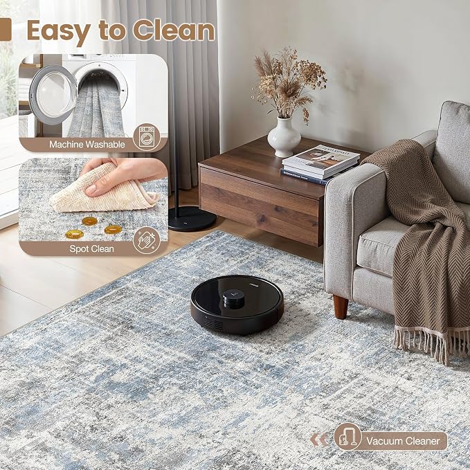 Washable 9x12 Area Rug for Living Room - Modern Abstract Carpet with Non-Slip Backing, Low Pile & Soft, Stain Resistant, Kid & Pet Friendly Decor for Bedroom & Dining Room - Blue Grey