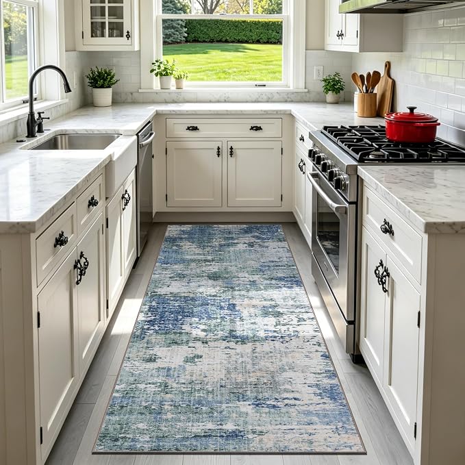 Sasttie 2x6 Soft Runner Rug for Entryway, Modern Abstract Washable Carpet for Hallway, Kitchen and Laundry Room, with Non-Slip Backing, Blue and Green