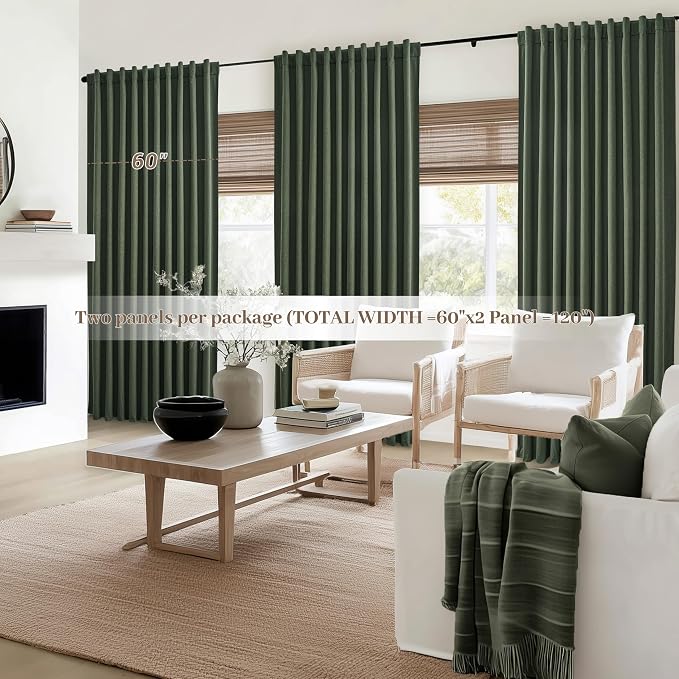 Dark Olive Green Curtains 60 Inch Length Extra Wide Pleated Black Out 84 Inch Long for Living Room, Linen Thick Sliding Glass Door Heavy Duty Insulated Large Window Drapes (60"Wx84"Lx 2Panels Loden)