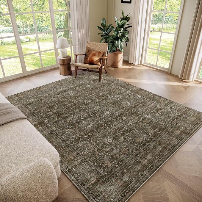 Boho Washable 5x7 Area Rugs for Living Room, Cushioned, Red/Brown | Vintage Non-slip Rugs for Bedroom Dining Room Nursery Office, 0.3" Neutral Oriental Throw Thin Carpet, Dark Brown/ Rust