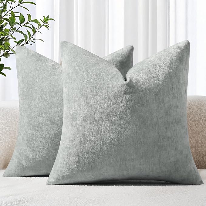 decorUhome Soft Chenille Grey Throw Pillow Covers 22X22 Set of 2 | Decorative Fall Couch Pillow Covers Solid Dyed Accent Modern Euro Sham Farmhouse Neutral Square Pillow Cases for Sofa