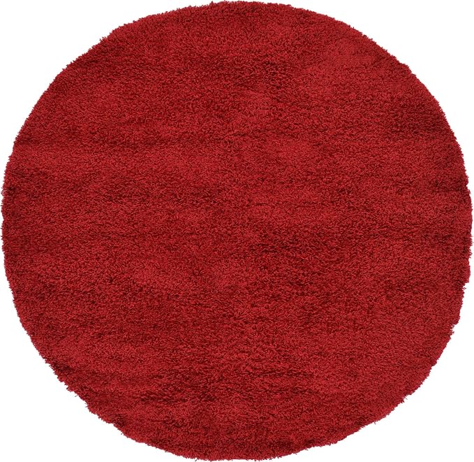 Unique Loom Solid Shag Collection Area Rug (6' 1" Round, Cherry Red) | Modern solid area rug for dining room, entryway & bedroom. Stain-resistant, easy-care, kid & pet friendly