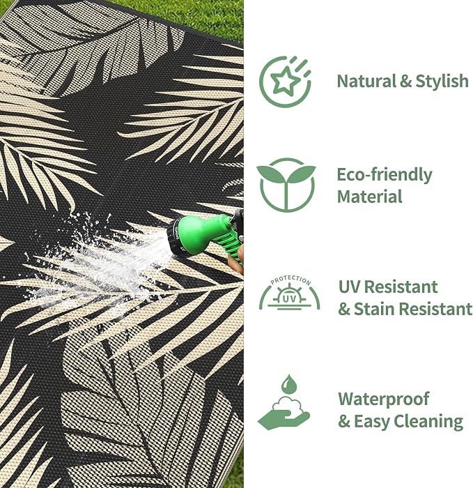GENIMO Outdoor Rug, Waterproof Plastic Rugs for Patio, 8'x10' Black Beige | Outside Larger Leaf Carpet Mat for Porch Decor, Deck, Balcony, Camping, RV, Backyard, Picnic, Beach, Reversible, Foldable
