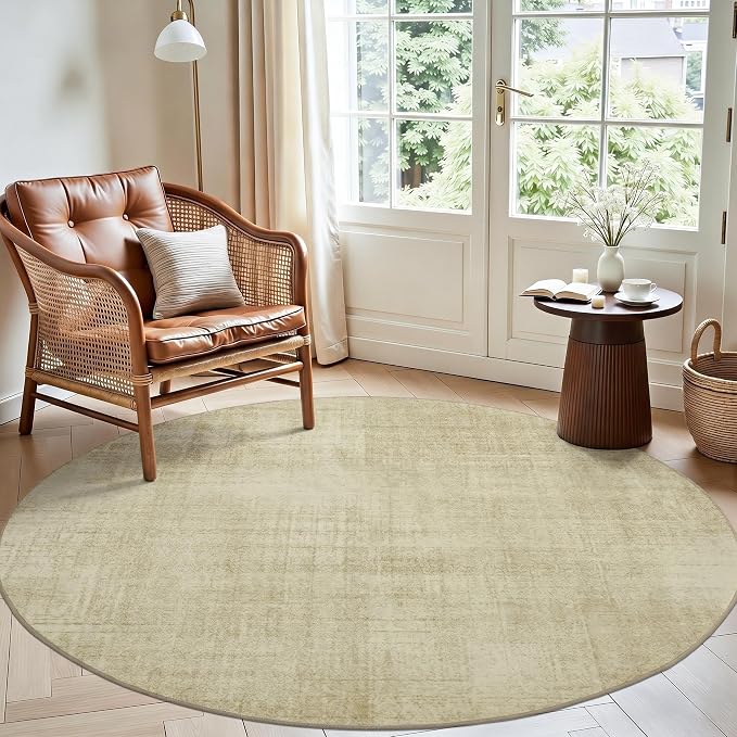 Joydeco Boho Abstract Beige Round Rugs 6FT, Washable Circle Area Rug for Bedroom Living Room Playroom, Non Slip Circular Neutral Classic Throw Carpet for Nursery Dorm Classroom Dining Room