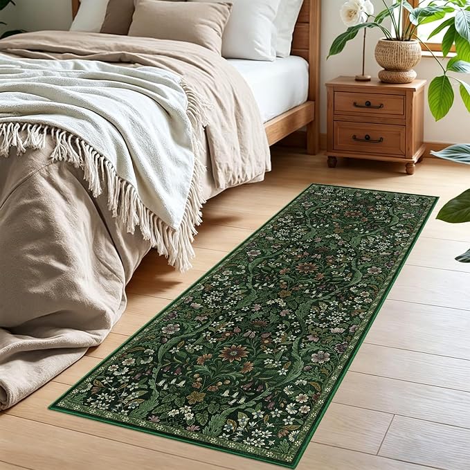 2x5 Washable Runner Rug,Dark Green Floral Boho Area Rug for Hallway,Low-Pile Non-Slip Stain Resistant Carpet for Kitchen, Bedside,Laundry Room,Entryway