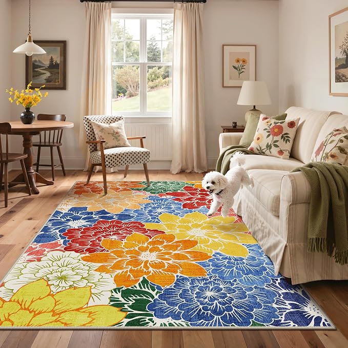 GENIMO 4x6 Outdoor Rug, Washable for Porch and Patio, Multicolor | Floral design for balcony; fade resistant chenille with quick-dry non-slip backing for deck and indoor space