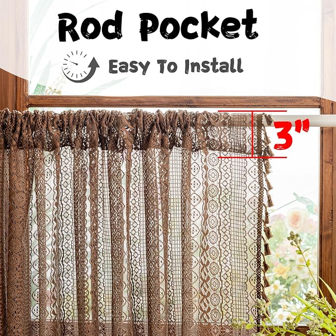 Sutuo Home Dark Coffee Boho Short Curtains Valance for Kitchen Window Curtains Over Sink, Caramel Lace Sheer Closet Crochet Privacy Farmhouse Vintage Chic Tassels Rod Pocket,2 Panels 50" W x 18" L