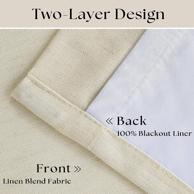 Cream Beige 63 Inch Length Blackout Pinch Pleated Linen Curtains with Liner | Memory Trained, 100% Black Out, Thermal Insulated, UV Blocking, Noise Reducing Curtains for Small Window Bedroom 2 Panels