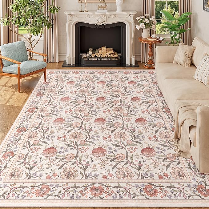 DUKINO 8x10 Area Rug Vintage Floral Washable Rug for Living Room Beige Pink | Non Slip, Low Pile, Non-Shedding, Stain Resistant Boho Soft Indoor Large Carpet for Bedroom Dining Room Farmhouse, Home Decor