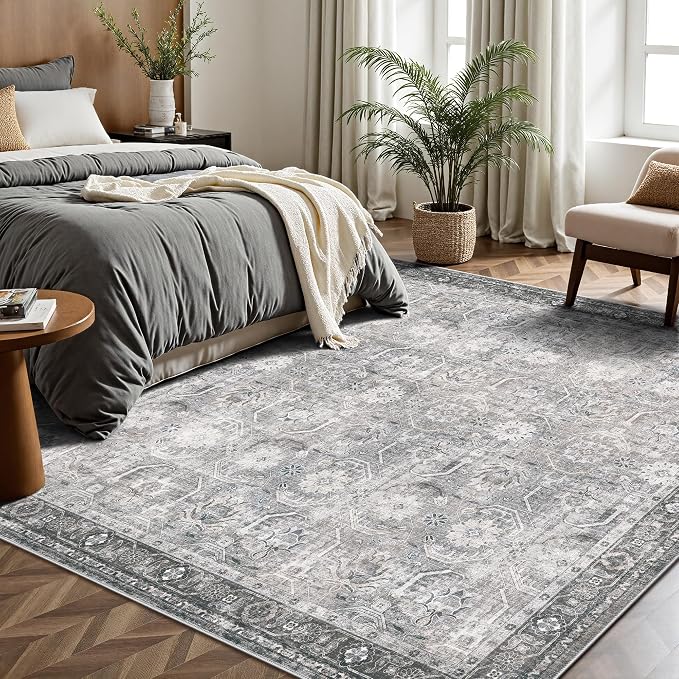 6x6 Square Area Rug, Soft Non Slip Low Pile Washable Rug, Boho Modern Area Rug for Bedroom, Laundry Room, Distressed Grey