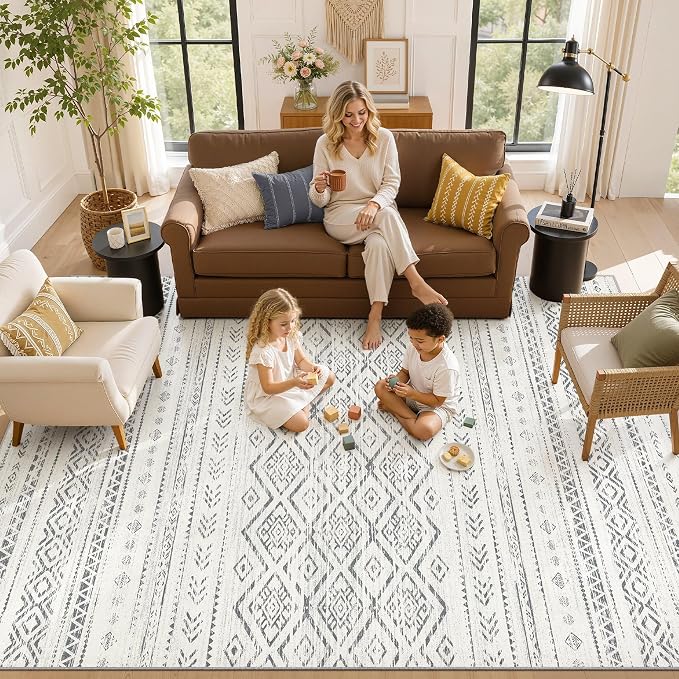 Nakagishi Area Rug Living Room Rugs: 6x9 Large Soft Machine Washable Boho Moroccan FarmNeutral Stain Resistant Indoor Floor Carpet for Bedroom Under Dining Table Home Office Decor-Grey
