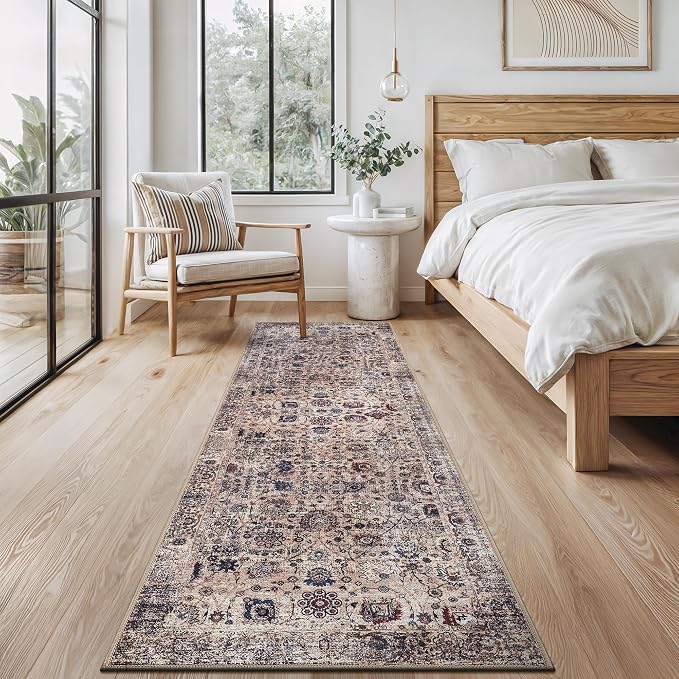 Bloom Rugs Washable Non-Slip 12 ft Runner - Light Tan/Blue Traditional Oriental Runner for Entryway, Hallway, Bathroom, and Kitchen - Exact Size: 2.5' x 12'