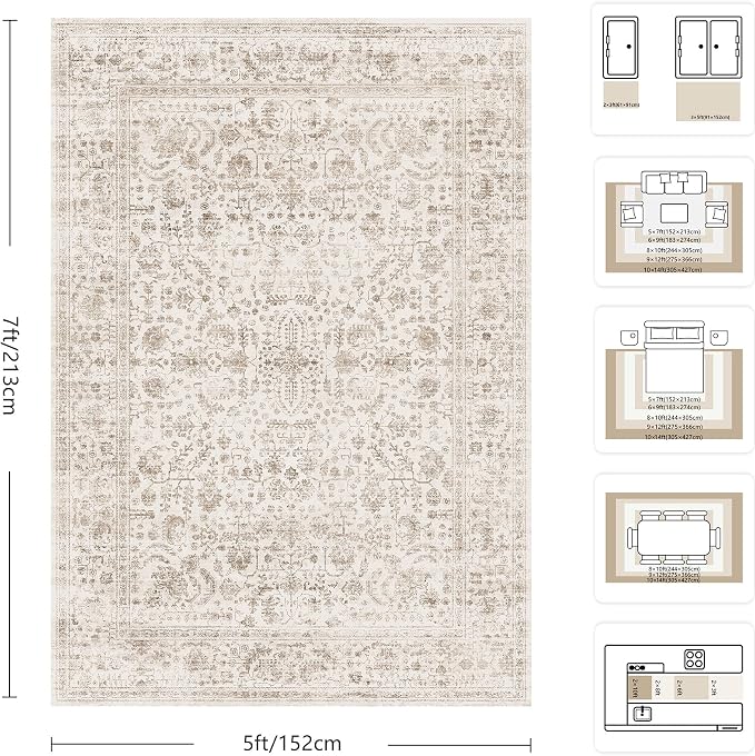 5x7 Area Rugs, Washable Vintage Retro Floral Rug for Living Room, Low Pile Non Slip Distressed Large Carpet for Bedroom, Dining Room, Office, Home (Light Brown)