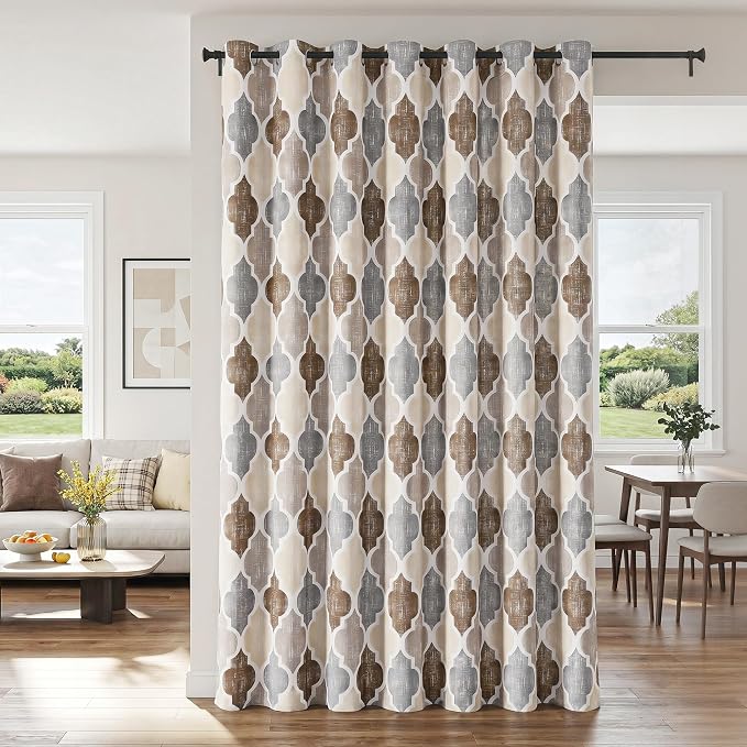 Beauoop Moroccan 100% Blackout Sliding Door Curtains Brown Grey 100x84x1 | Geometric Room Darkening Patio Curtains Extra Wide Room Divider Drapes 1 Panel Thermal Soundproof Window treatment Grommet