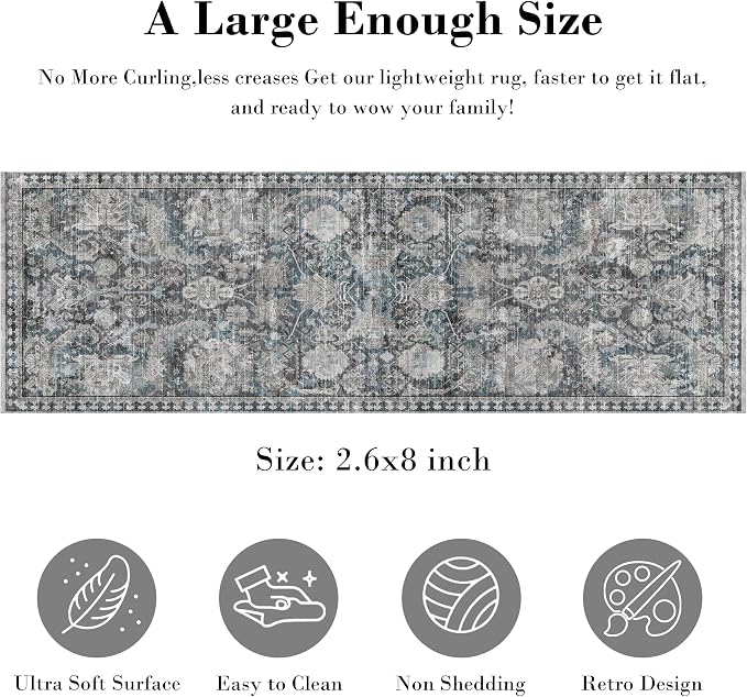 RUGSURE Washable Area Rugs - Perfect for Living Room, Bedroom, Kids Room, Nursery - Stain & Water Resistant Non-Slip, Pet & Child Friendly, Vintage Tribal Area Rugs (Grey and Bule, 2'6'' x 8')