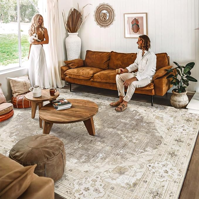 MUJOO Beige Washable Rug 8x10 Area Rugs Non Slip Low-Pile Floral Large | Machine Washable Throw Carpet for Living Room Bedroom Dining Room Boho Soft Floor Indoor Vintage Bohemian Flowers