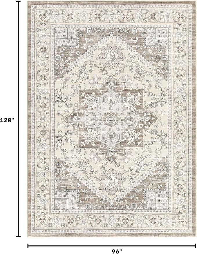 8x10 Vintage Area Rug: Washable Neutral Soft Non Slip Thin Large Floor Carpet for Living Room Bedroom Kitchen Dining Room Home Office Farmhouse Indoor - Brown