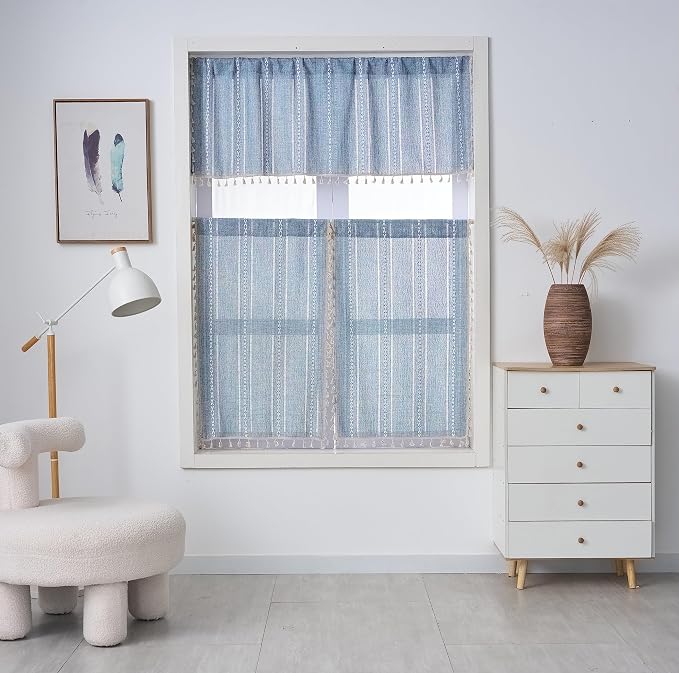 ColorBird Boho Kitchen Short Cafe Curtains 36 inch Length 2 Panels, Blue Striped Light Filtering Valances, Embroidered Window Curtains Over Sink for Laundry Room RV Camper