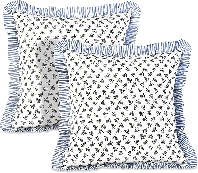 Ridhi Block Print Baby Blossoms Throw Pillow Cover 18" x 18" (Pack of 2) Decorative Cushion Covers with Ruffle for Couch, Sofa, Bed, Living Room, Home Decor Gift for Spring, Easter, Valentine