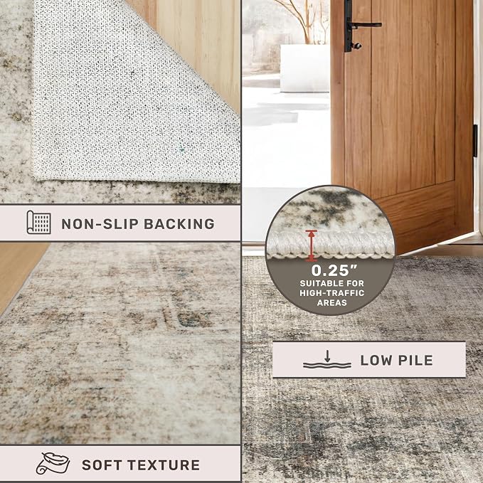 Vintage 2x5 Taupe Runner Rugs for Indoor Entryway, Washable Farmhouse Kitchen Rugs with Rubber Backing, Entryway Indoor Runner for Bathroom, Home Office Floor Rug, Non-Slip Stain & Fade Resistant