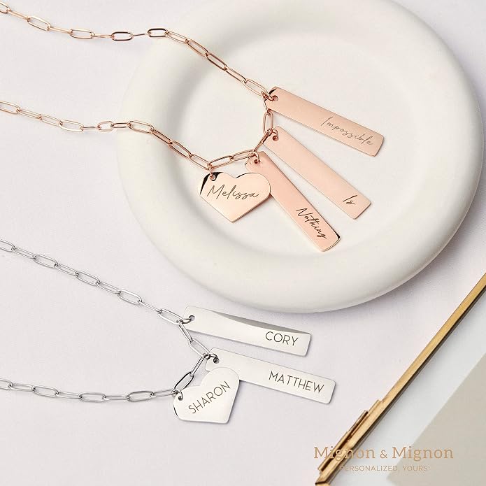 MignonandMignon Custom Engraved Multiple Kids Names Necklace for Mom Birthday Handmade Jewelry Paper Chip Chain with Heart Charm Vertical Nameplate Bar Pendant