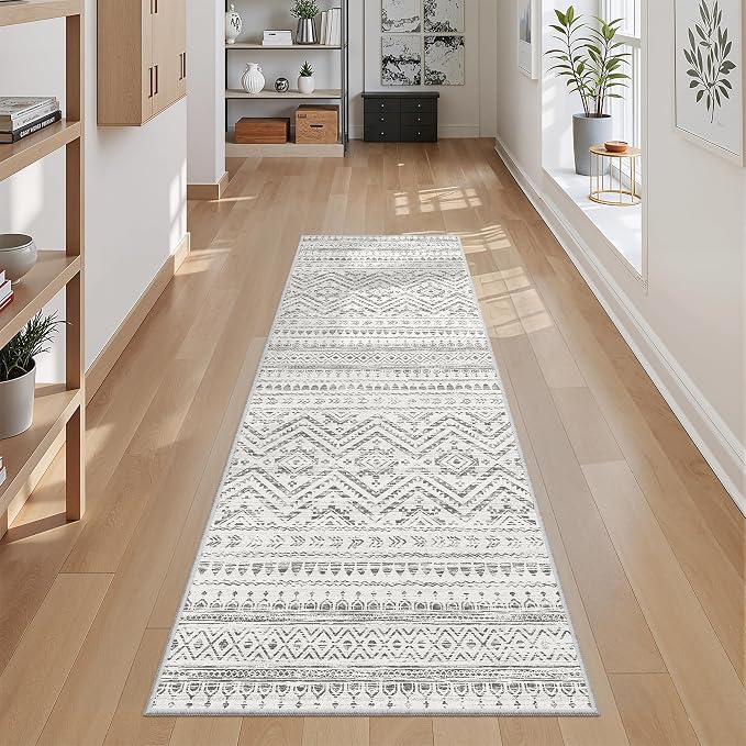 Miukiki 2x5 Hallway Runner Rug Moroccan Washable Kitchen Rug Non Slip Indoor Floor Kitchen Runner Rug Foldable Carpet for Bathroom Laundry Room with Low Pile(Grey,2'x5')