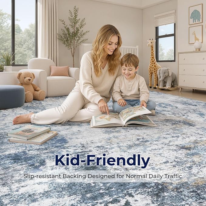 DMOYEST 6x9 Area Rug - Washable & Non Slip Indoor Rug for Living Room, Kid & Pet Friendly Abstract Low Pile Soft Carpet for Bedroom and Dining Room - Blue