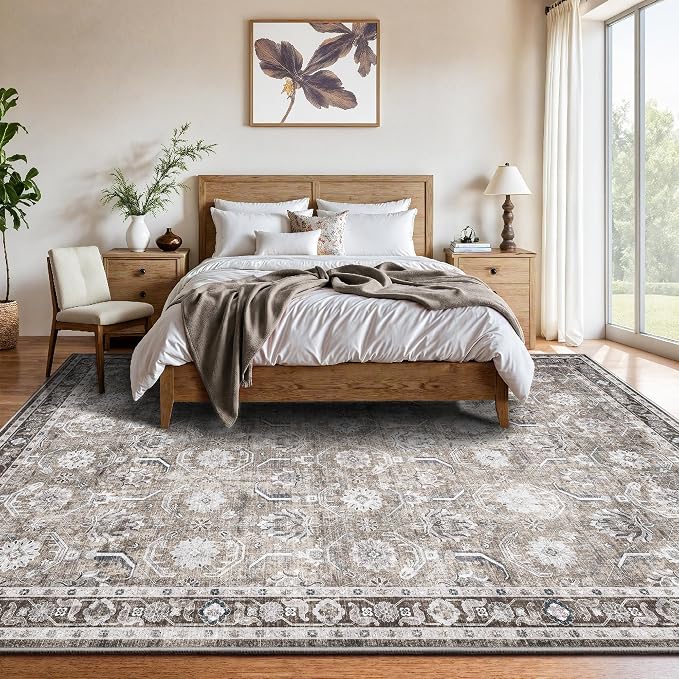 8x10 Area Rugs, Soft Non Slip Low Pile Washable Rug, Boho Modern Rug for Living Room, Bedroom, Dining Room, Brown