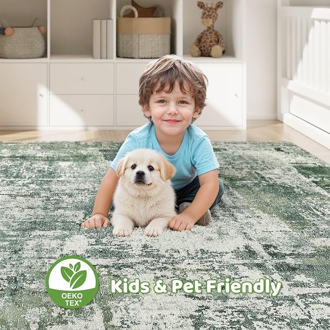 7x10 Area Rug Living Room: Washable Large Abstract Soft Stain Resistant Indoor Floor Rugs Non-Slip Accent Carpet for Bedroom Nursery Playroom Office Dining Room Home House- Dark Green