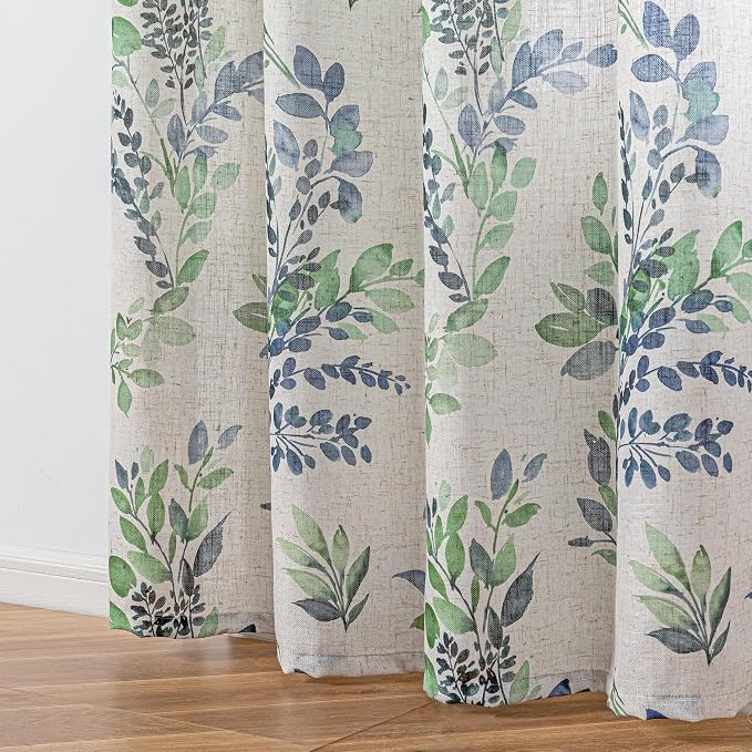 MYSKY HOME Floor to Ceiling Linen Floral Curtains 108 Inch Length 2 Panels Semi Sheer Light Filtering Farmhouse Leaf Printed Window Grommet Drapes for Dining Room, 52" W Each Panel, Green