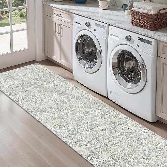 Soalmost Washable 2.5'x8' Runner Rug for Hallway,2'6"x8' Kitchen Runner Rug | Moroccan Trellis Runner Rugs with Rubber Backing Non-Slip Soft 2'6"x8' Carpet Runner for Entryway Laundry Bedroom Teal Blue