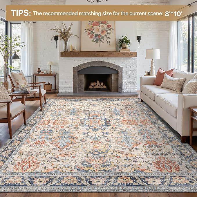 Bavni Washable Rug-6x9 Area Rugs for Bedroom Non-Slip, Ultra Thin Low Pile Living Room Rug, Modern Printed Decorative Rug for Dinning Room Office, Teal/Multi