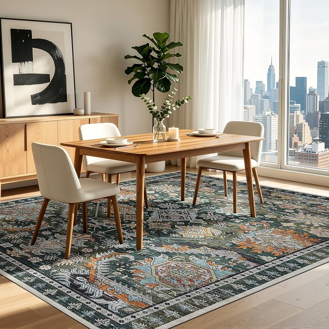 Ruaruarug Area Rug 8'×10', Non Slip Machine Washable Ultra Soft Stain & Fade Resistant, Pet & Kids Friendly, for Living Room/Bedroom/Kitchen/Classroom, Dark Green
