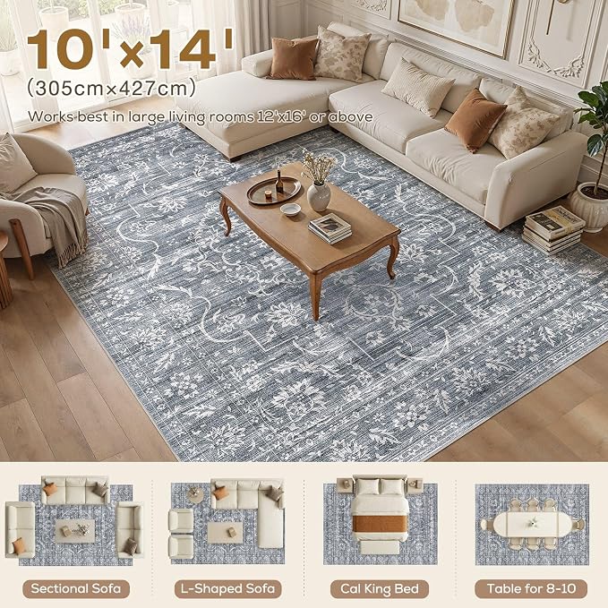 Nakagishi 10x14 Area Rugs Living Room: Washable Large Vintage Rug Neutral Non-Slip Soft Stain Resistant Indoor Carpet for Bedroom Nursery Dining Room Office Playroom - Retro Blue