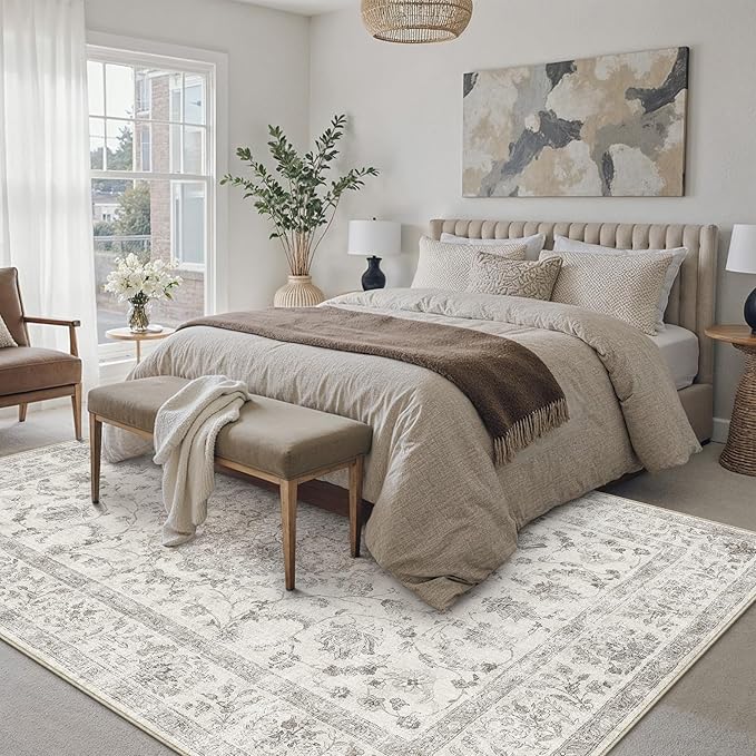 PureCozy 6x9 Area Rug Washable Gray Vintage Oriental Retro | Non Slip, Soft Low Pile, Indoor Carpet for Living Room, Bedroom, Dining Room, Neutral Decor