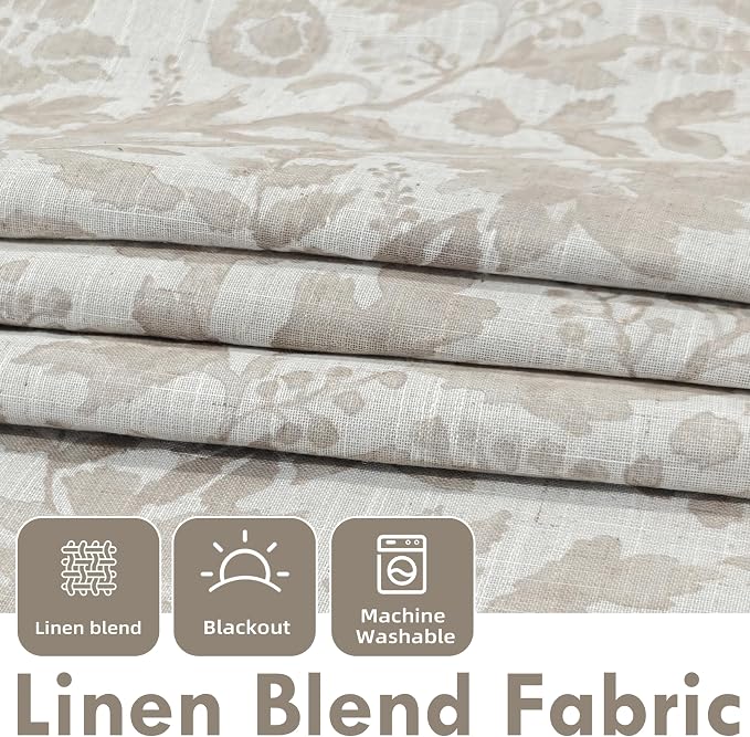 DriftAway Julia 100% Blackout Curtains Grommet 2 Panels, W52xL90, Beige | Floral Curtains, Bedroom, Living Room, Linen Blend, Watercolor Pattern, 2 Layers, Thermal Insulated, Window Treatment