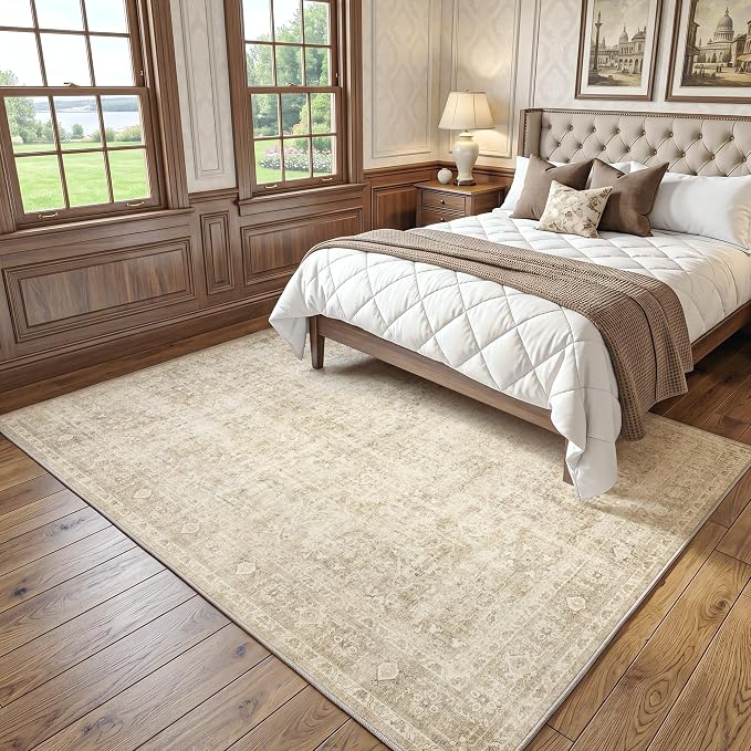 FMFUNCTEX 5x7 Washable Area Rug Beige Neutral Vintage Distressed Oriental Large Non Slip Carpet for Living Room Bedroom Traditional Retro Soft Low Pile Indoor Rugs for Dining Room Office Nursery