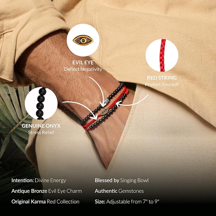 KARMA AND LUCK - Brave Gaze - Men's Real Matte Onyx/Jade Stone Bronze Brass Evil Eye Charm Red String Adjustable Drawstring Closure Bracelet Handmade with Love in Bali