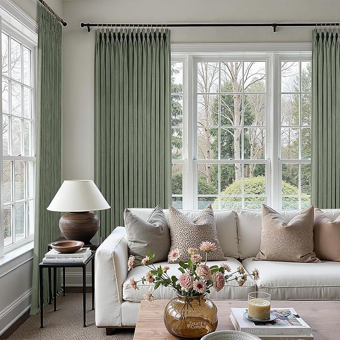 Sage Green Pleated Linen Curtains 120 Inch Length 2 Panels Set Semi Sheer Light Filtering Privacy Window Drapes for Living Room Modern Viral Pinch Pleated Curtains 120 Inches with Hooks Rings Clips